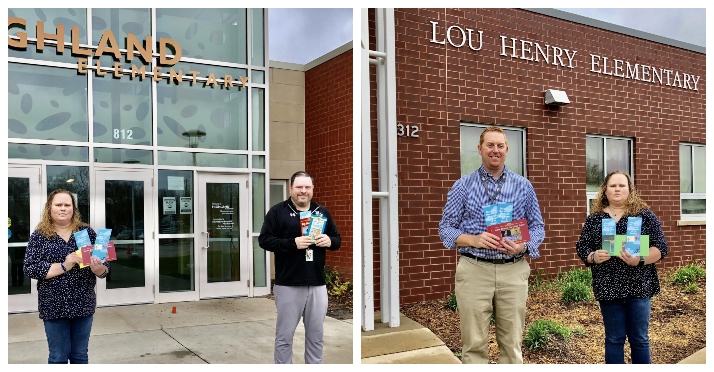 Two photos showing Olivia Adams with the principals from Highland and Lou Henry elementary schools in Waterloo, Iowa.